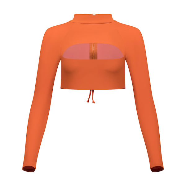 Orange High Neck Swim Top Lydia Cutout Long Sleeve Bikini Top In