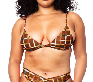 Model facing front wearing Ally Bikini Top in Checker Mocha