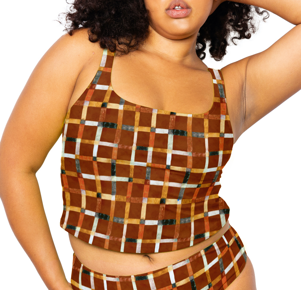 
            
                Load image into Gallery viewer, Model facing front wearing the Colette Tankini Top in Checker Mocha
            
        