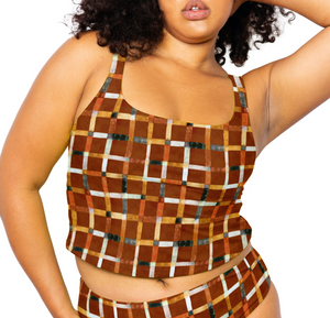 Model facing front wearing the Colette Tankini Top in Checker Mocha