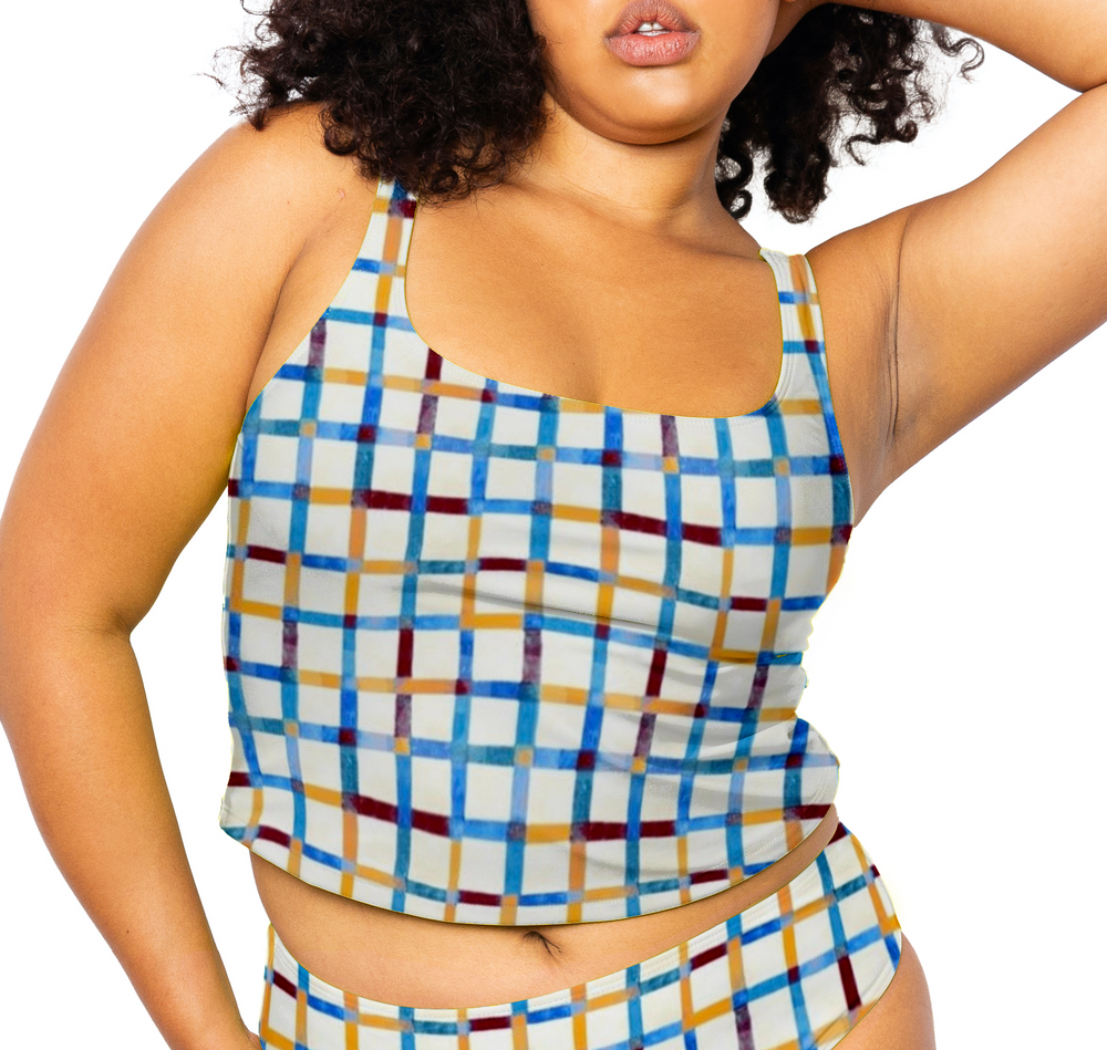Model facing front wearing the Colette Takini Top in Checker Ecru