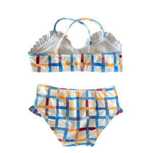 Baby Toddler Girl Bikini Set with Ruffles in Checker Ecru, Back