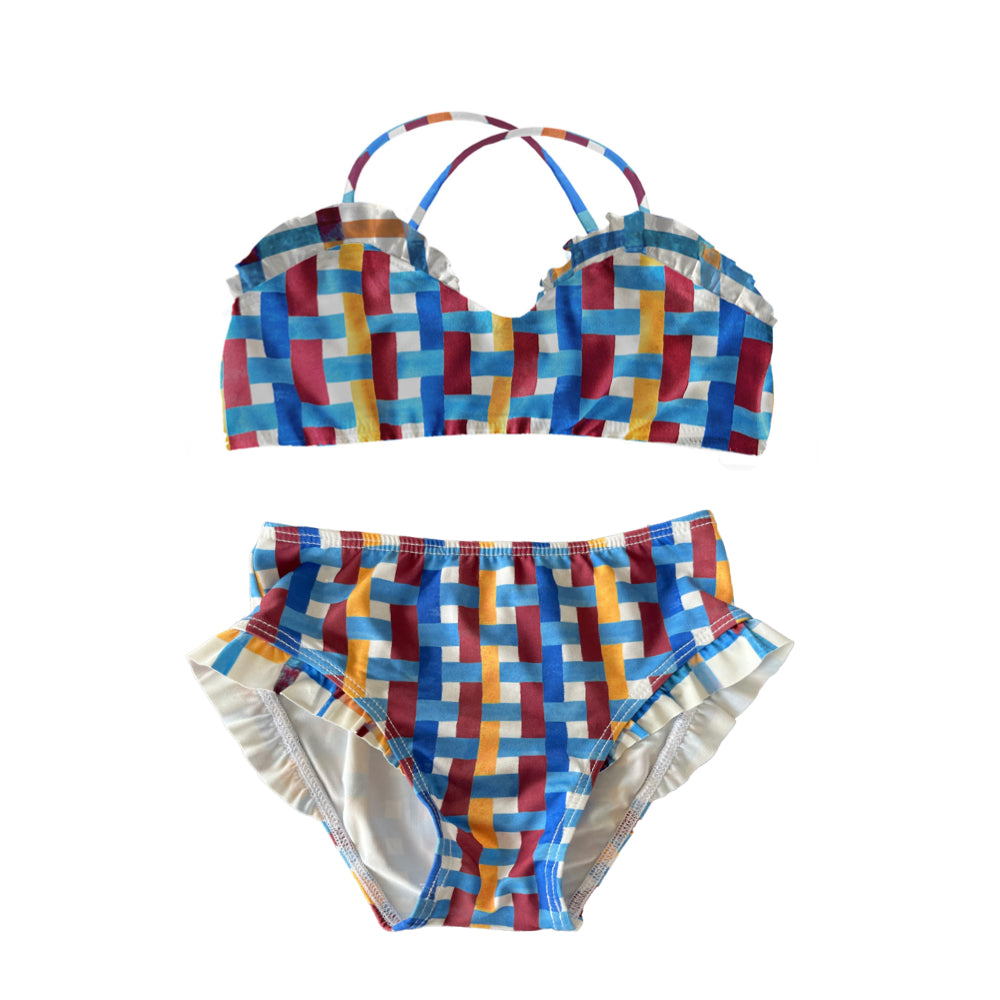 Baby Toddler Girl Bikini Set with Ruffles in Azulejo, Front