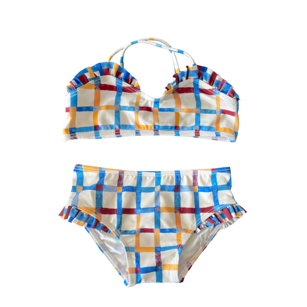 Baby Toddler Girl Bikini Set with Ruffles in Checker Ecru, Front