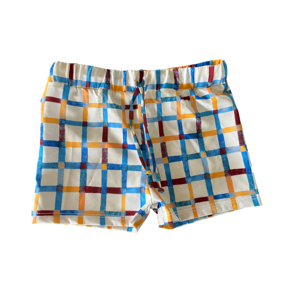 MIGA Swimwear Boy Boardshort with Drawstring in Checker Ecru, Front