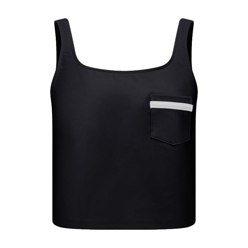 Black tankini top with scoop neck that comes with a front pocket with white detail.