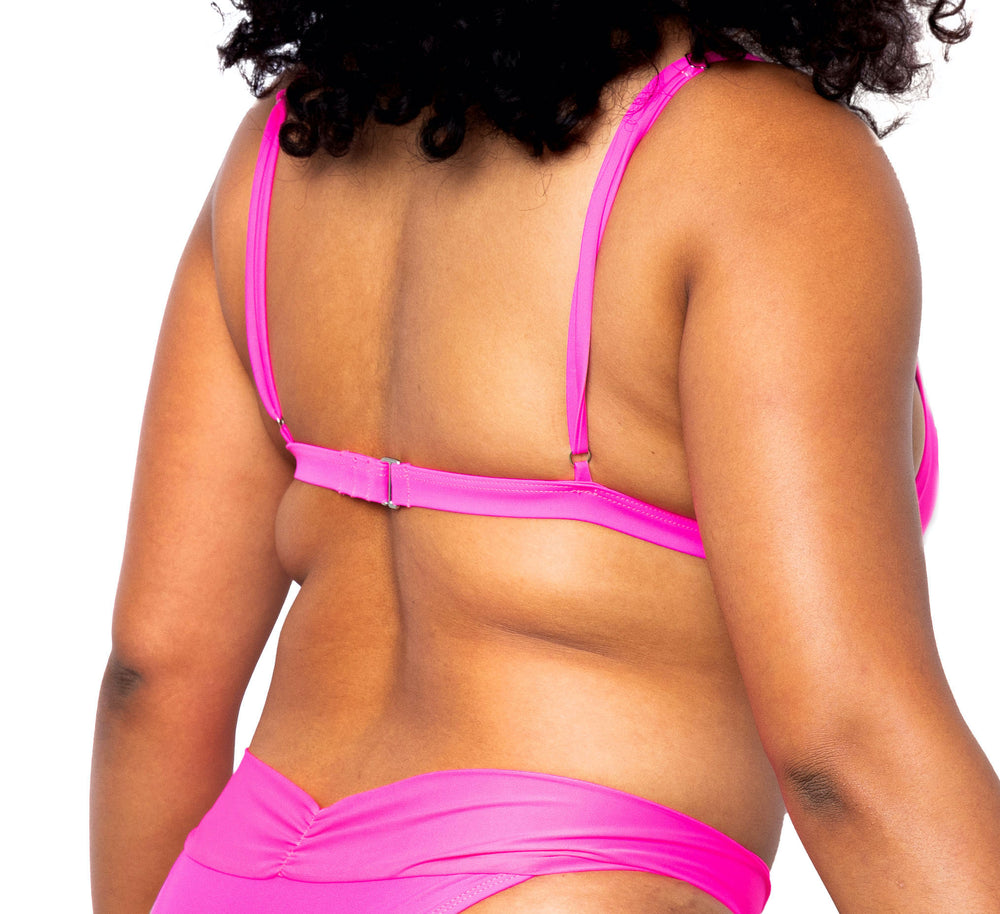 Model facing back wearing MIGA Ally Bikini Top in Neon Pink with Adjustable Straps and MIGA Ally Bikini Bottom.