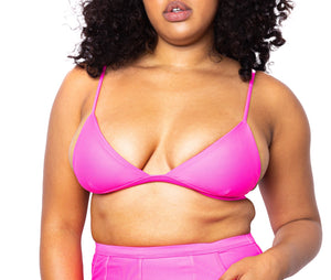 Model wearing MIGA Ally Bikini Top in Neon Pink with Adjustable Straps and MIGA Ally Boy Short.