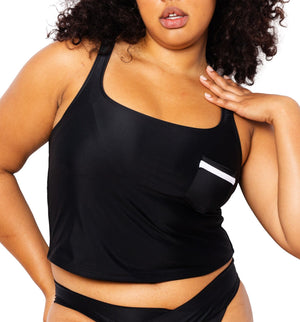 Model wearing black and white tankini top with scoop neck that comes with a front pocket. She is also wearing matching Ally Bikini Bottom in Black.