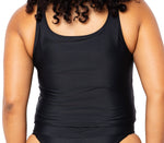Black tankini top with scoop neck that comes with a front pocket with white detail.