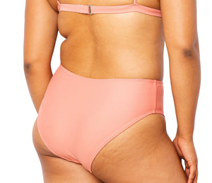 Model facing back wearing Colette Bottom in Rose with matching Ally Bikini top.