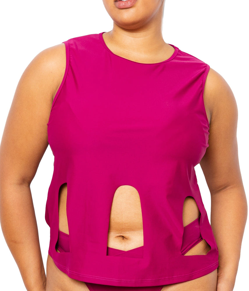 
            
                Load image into Gallery viewer, Model wearing Marije Top in magenta. Also wearing matching magenta Ally Bikini Bottom with Crossover waistband.
            
        