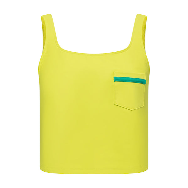 Lime green tankini top with scoop neck that comes with a front pocket with emerald green detail.