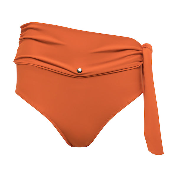 Burnt orange high-waisted bikini bottom with snap belt at waist, moderate coverage.