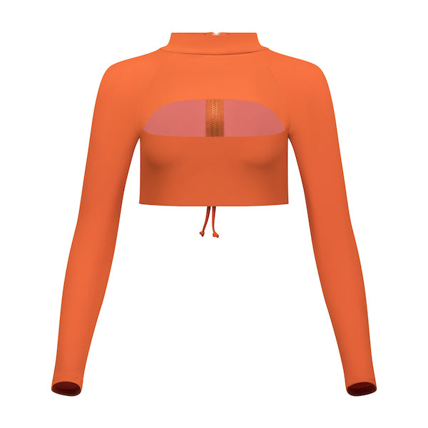Burnt orange long sleeves bikini top with mock neck, cutout at chest and zipper with long pulley at back.