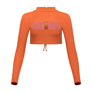 
            
                Load image into Gallery viewer, Burnt orange long sleeves bikini top with mock neck, cutout at chest and zipper with long pulley at back.
            
        