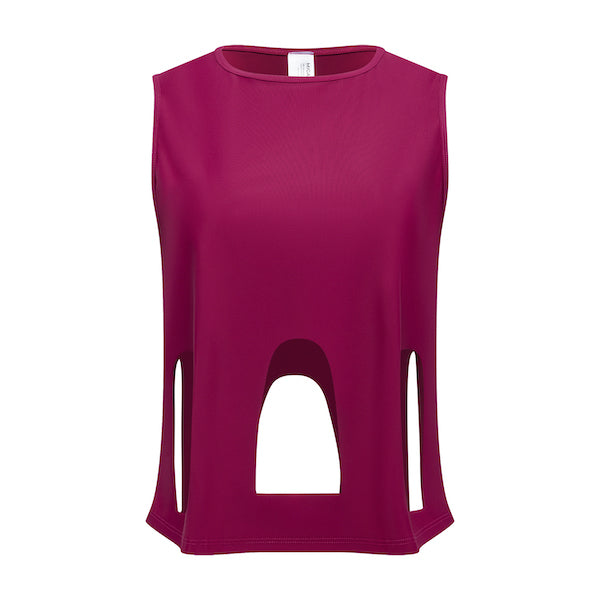 Magenta short sleeve top with scoop neck. Arc cutouts around waist. Loose fit. 